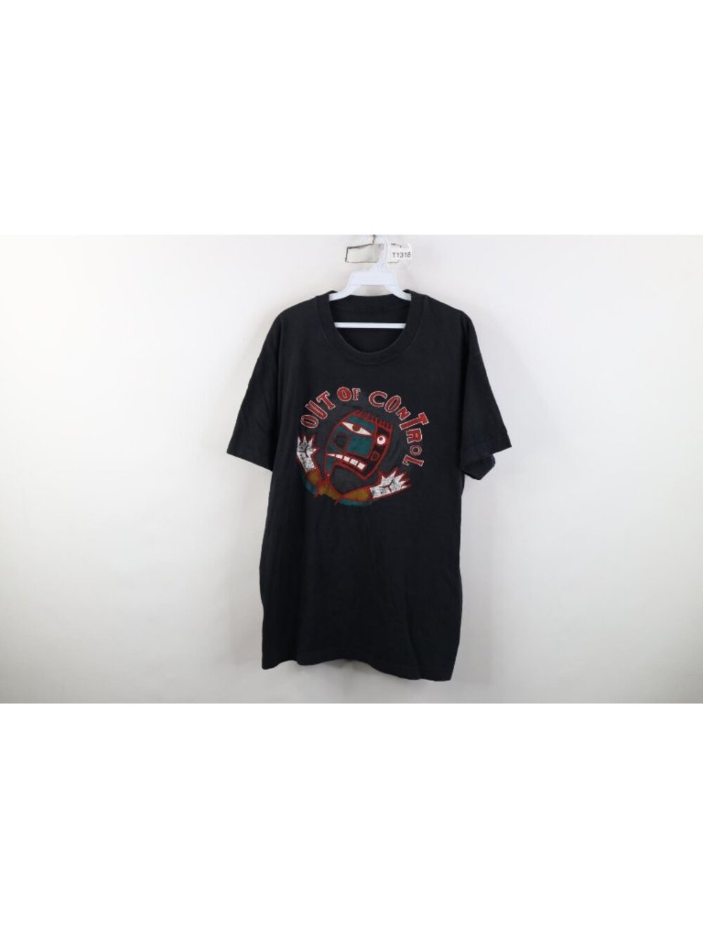 Vintage 90s Out of Control Band T-Shirt Mens Size L Black Faded Short Sleeve